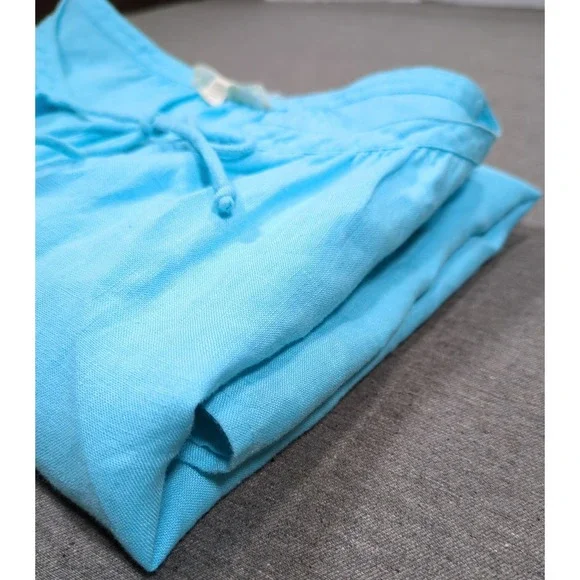 Eileen Fisher Irish Linen Tunic Blue Split Top Neck Tie 3/4 Sleeve Womens PM - Picture 3 of 15